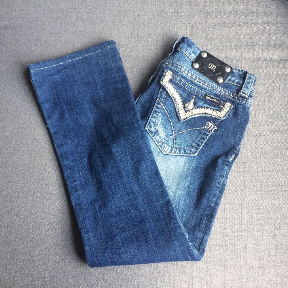 Miss Me Bootcut Jeans w White Leather Bling Detail